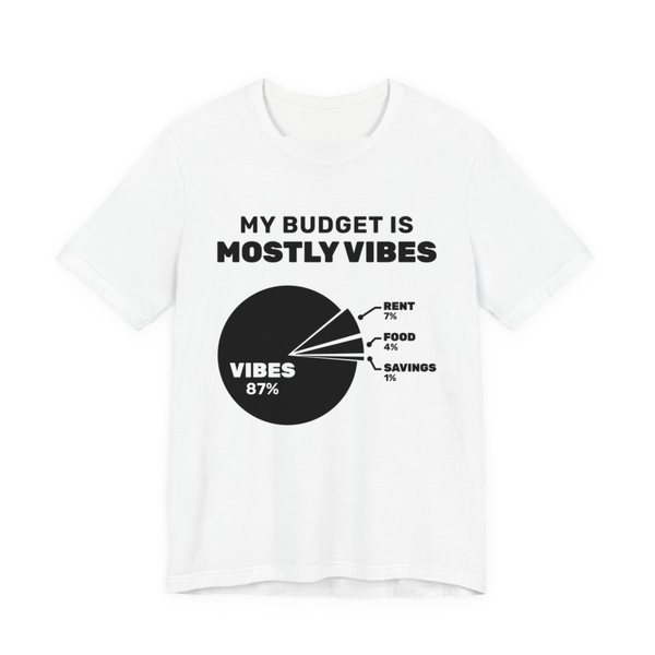 White t-shirt printed in dark ink with “My Budget Is Mostly Vibes” above a pie chart: vibes 87%, rent 7%, food 4%, savings 1%