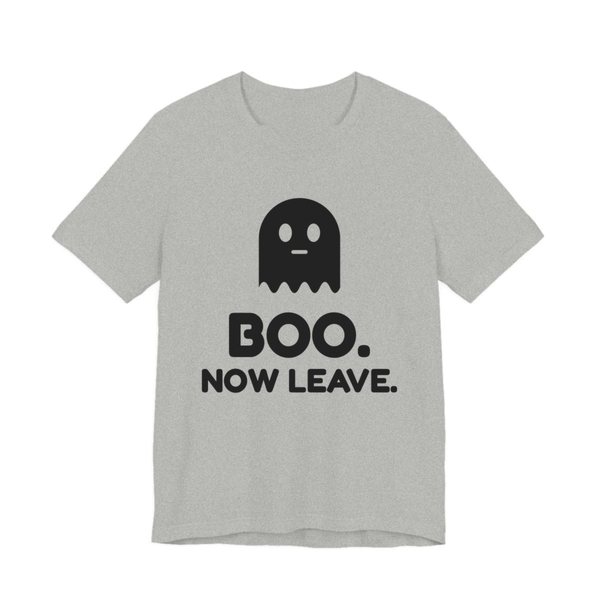Athletic Heather t-shirt printed in dark ink with a small ghost above “Boo. Now Leave.”