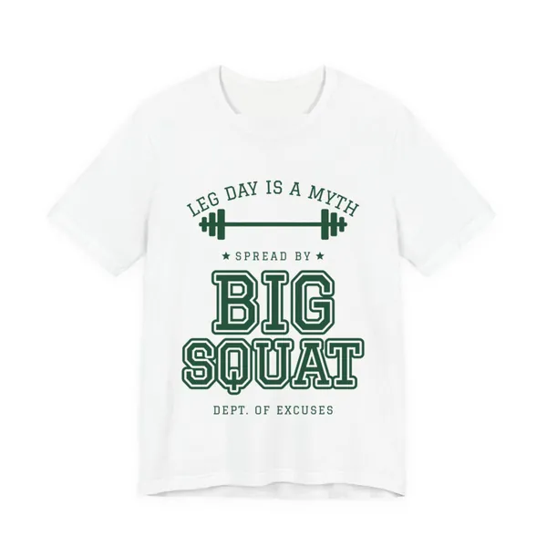 Leg Day Is a Myth Spread by Big Squat tee printed in forest green ink on a white shirt