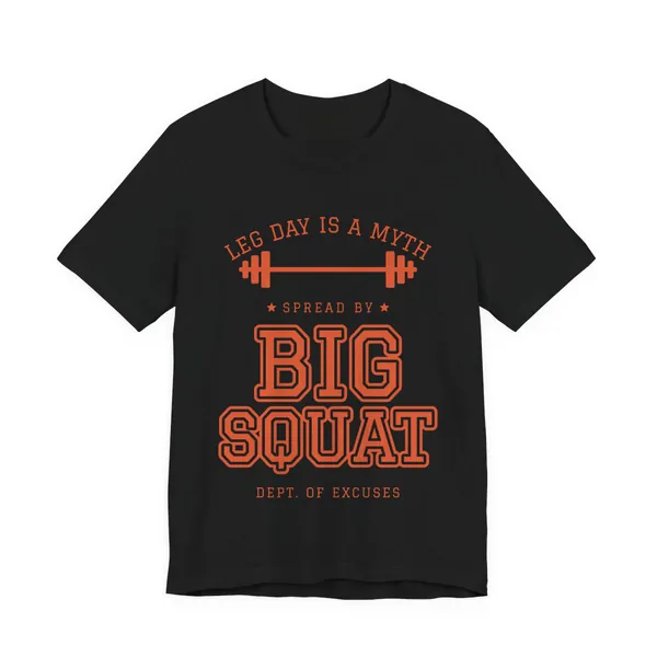 Leg Day Is a Myth Spread by Big Squat tee printed in orange ink on a black shirt