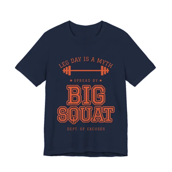 Leg Day Is a Myth Spread by Big Squat tee printed in orange ink on a navy shirt