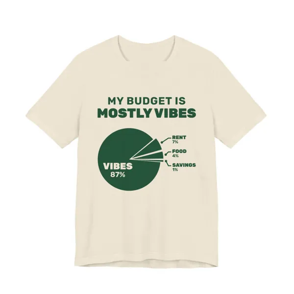 My Budget Is Mostly Vibes tee printed in forest green ink on a natural shirt