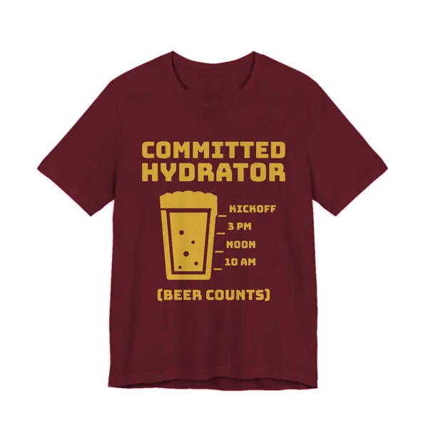 Committed Hydrator (Beer Counts) tee printed in gold ink on a maroon shirt