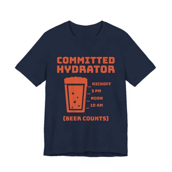 Committed Hydrator (Beer Counts) tee printed in orange ink on a navy shirt