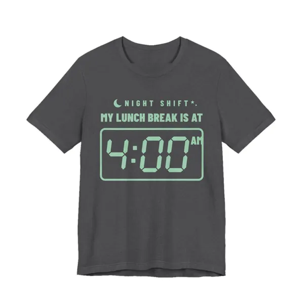 My Lunch Break Is at 4 AM tee printed in mint green ink on a dark grey heather shirt