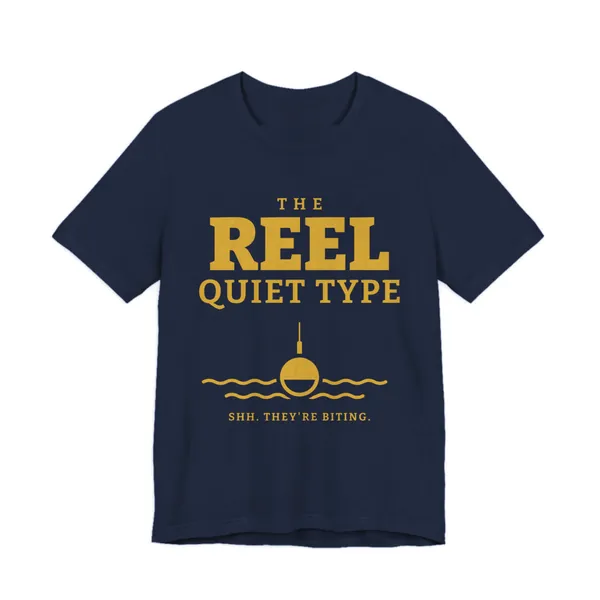 The Reel Quiet Type tee printed in gold ink on a navy shirt