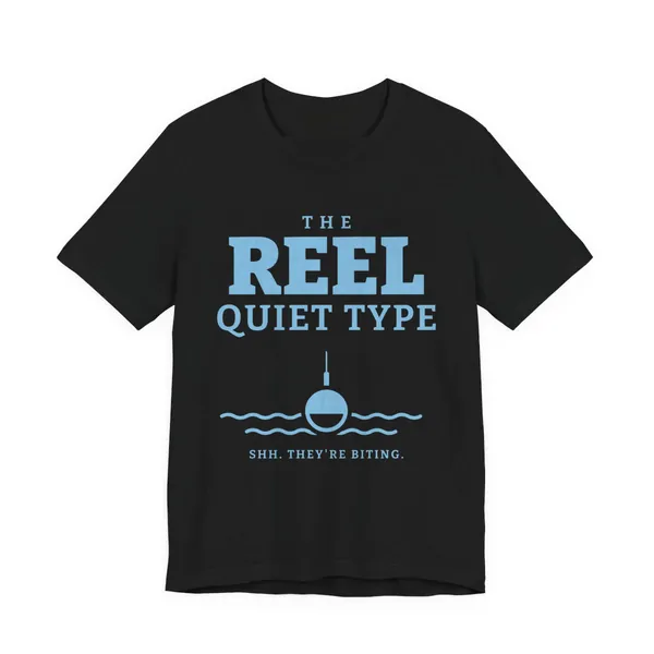 The Reel Quiet Type tee printed in sky blue ink on a black shirt