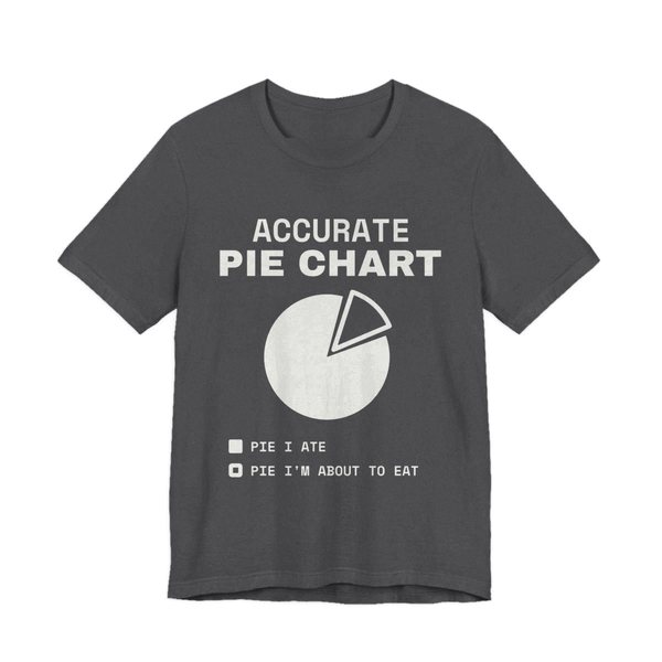 Dark Grey Heather t-shirt printed in off-white ink with a pie chart labeled “Pie I ate” and “Pie I'm about to eat” under the words “Accurate Pie Chart”