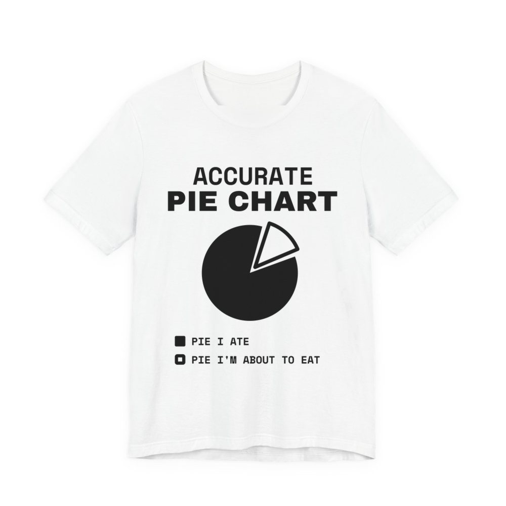 White t-shirt printed in dark ink with a pie chart labeled “Pie I ate” and “Pie I'm about to eat” under the words “Accurate Pie Chart”