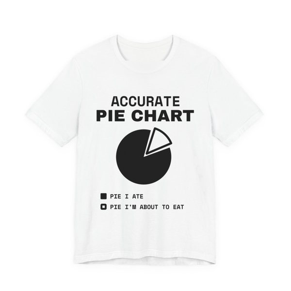 White t-shirt printed in dark ink with a pie chart labeled “Pie I ate” and “Pie I'm about to eat” under the words “Accurate Pie Chart”