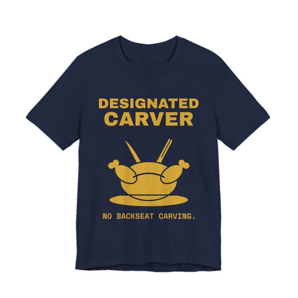 Navy t-shirt printed in gold ink with a crossed carving knife and fork and the words “Designated Carver”